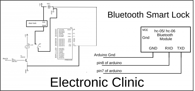 Bluetooth smart lock, circuit diagram, in this image you can see the electronic lock and bluetooth modules are interfaced with the arduino