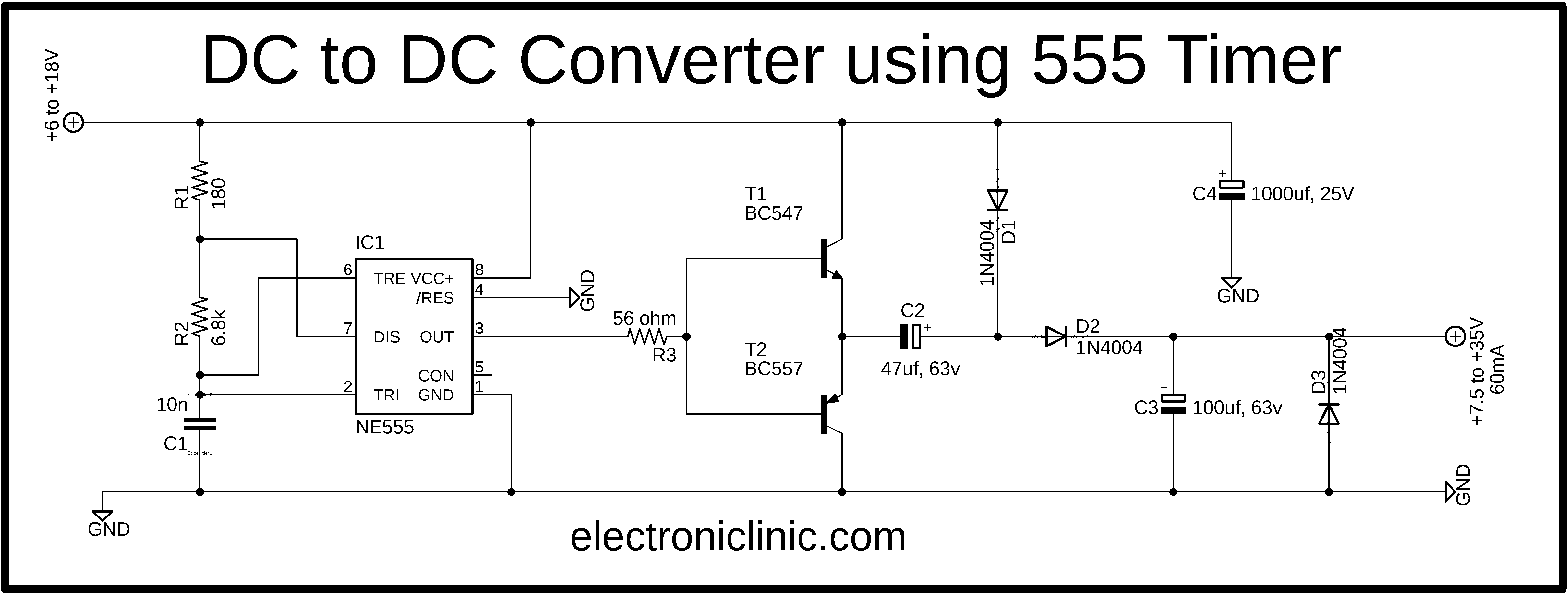 Simple DC to DC Converter using 555 Time IC 6V to 35 volts, Boost Converter