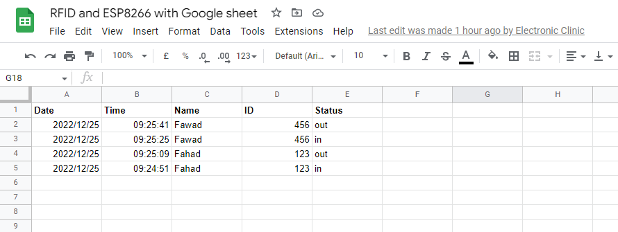 ESP8266 PN532 RFID, and Google Spreadsheet