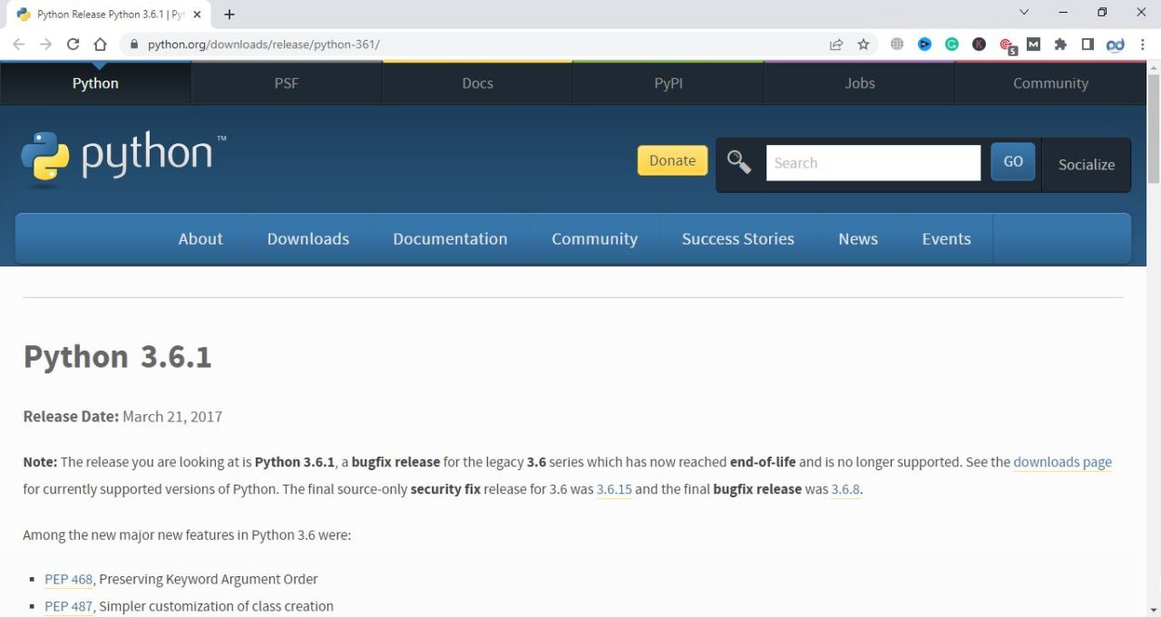 An image encouraging users to visit the official Python website. The screenshot displays a web browser window with the Python website open. The Python logo and the website's navigation menu are visible. This image serves as a visual prompt for users to access the official Python website, where they can find official documentation, downloads, tutorials, community resources, and other information related to the Python programming language.