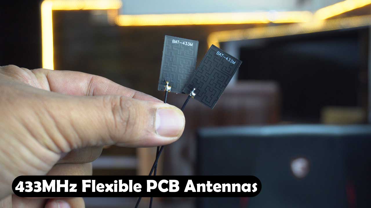 An image of a flexible PCB antenna designed for LoRa communication operating at a frequency of 433MHz. The antenna is made of a thin and flexible printed circuit board material, allowing it to be bent and shaped to fit various devices and applications. It features compact dimensions and a compact, efficient design optimized for optimal signal reception and transmission in LoRa-based systems.