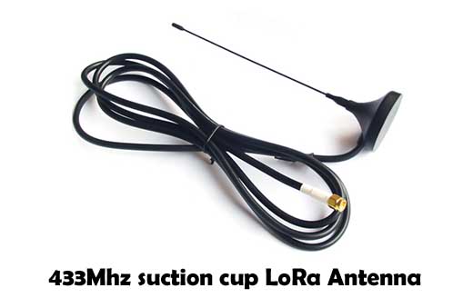 An image displaying a suction cup-mounted 433MHz LoRa antenna. This antenna is specifically designed for LoRa communication and features a suction cup base for easy installation on smooth surfaces. The suction cup allows for flexible placement and repositioning of the antenna to optimize signal reception and transmission. The image showcases the suction cup-mounted LoRa antenna, highlighting its convenience and suitability for applications where a temporary or movable antenna solution is needed.