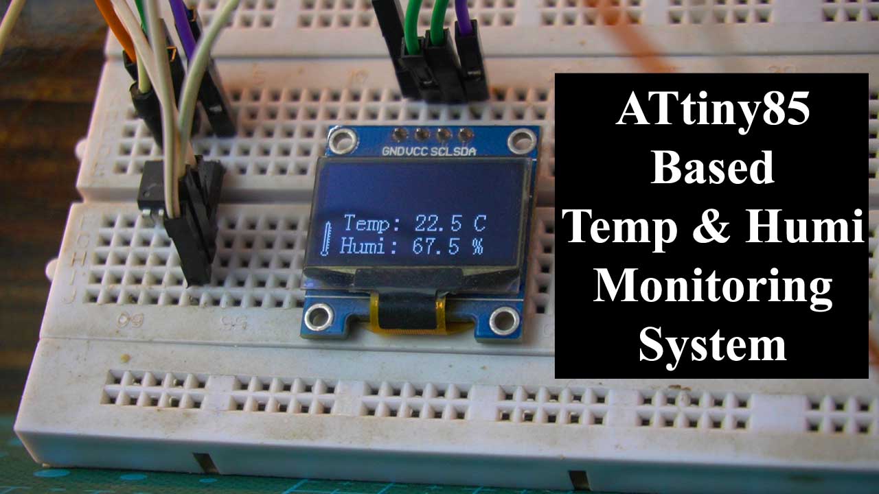 The image showcases an ATtiny85 microcontroller project featuring a DHT21 temperature and humidity sensor and an SSD1306 OLED display, all connected to an Arduino board. The compact ATtiny85 chip is the main controller, responsible for reading temperature and humidity data from the DHT21 sensor. The data is then displayed on the small, high-resolution OLED display (SSD1306), providing real-time temperature and humidity readings. The Arduino board acts as the power source and facilitates the communication between the ATtiny85, DHT21 sensor, and SSD1306 display, enabling a compact and efficient temperature and humidity monitoring system.