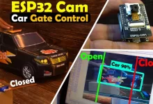 An image showcasing an ESP32-CAM, Python OpenCV, YOLOv3, and Arduino-based car parking barrier gate control system.