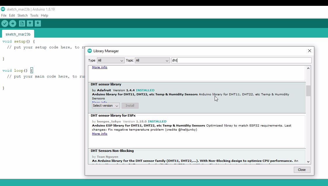 The image showcases the installation process of the DHT11 library for the ATtiny85 microcontroller in the Arduino IDE. The Arduino IDE (Integrated Development Environment) is a software platform used for programming microcontrollers. In the image, the user is navigating through the Arduino IDE menus to add support for the DHT11 library specifically designed for the ATtiny85 microcontroller. They are selecting the appropriate library manager and clicking on the install button. This action enables users to utilize the DHT11 temperature and humidity sensor with the ATtiny85 microcontroller, expanding the range of compatible libraries for their projects.