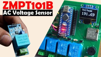 An image showcasing the ZMPT101B AC voltage sensor connected to an Arduino for voltage monitoring.