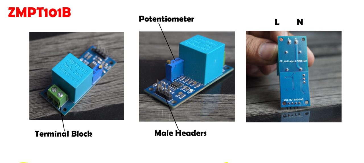 An image displaying the pinout and technical specifications of the ZMPT101B AC voltage sensor.