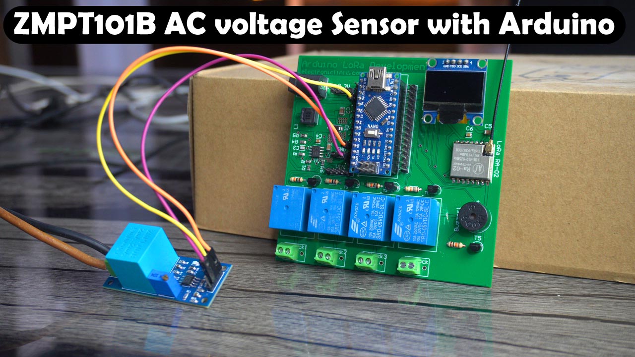 An image featuring the ZMPT101B AC voltage sensor connected to an Arduino board for voltage measurement