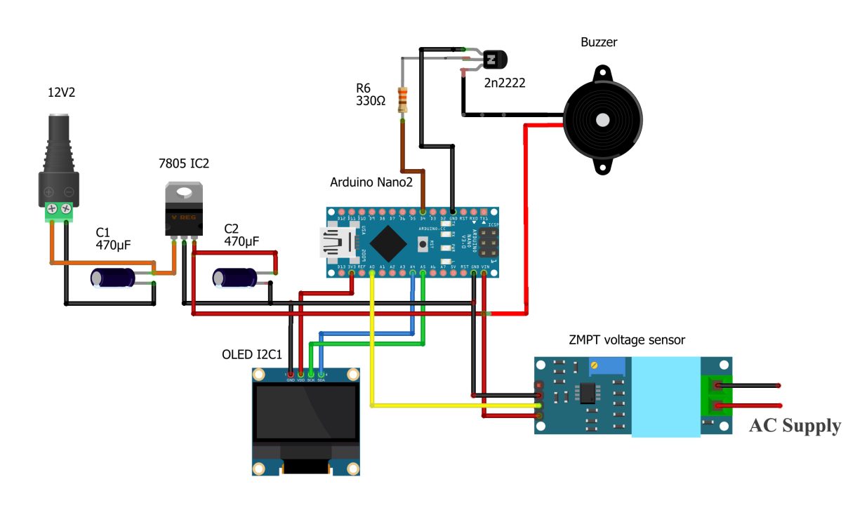 A circuit diagram illustrating the interfacing of a ZMPT101B AC voltage sensor with an Arduino board.