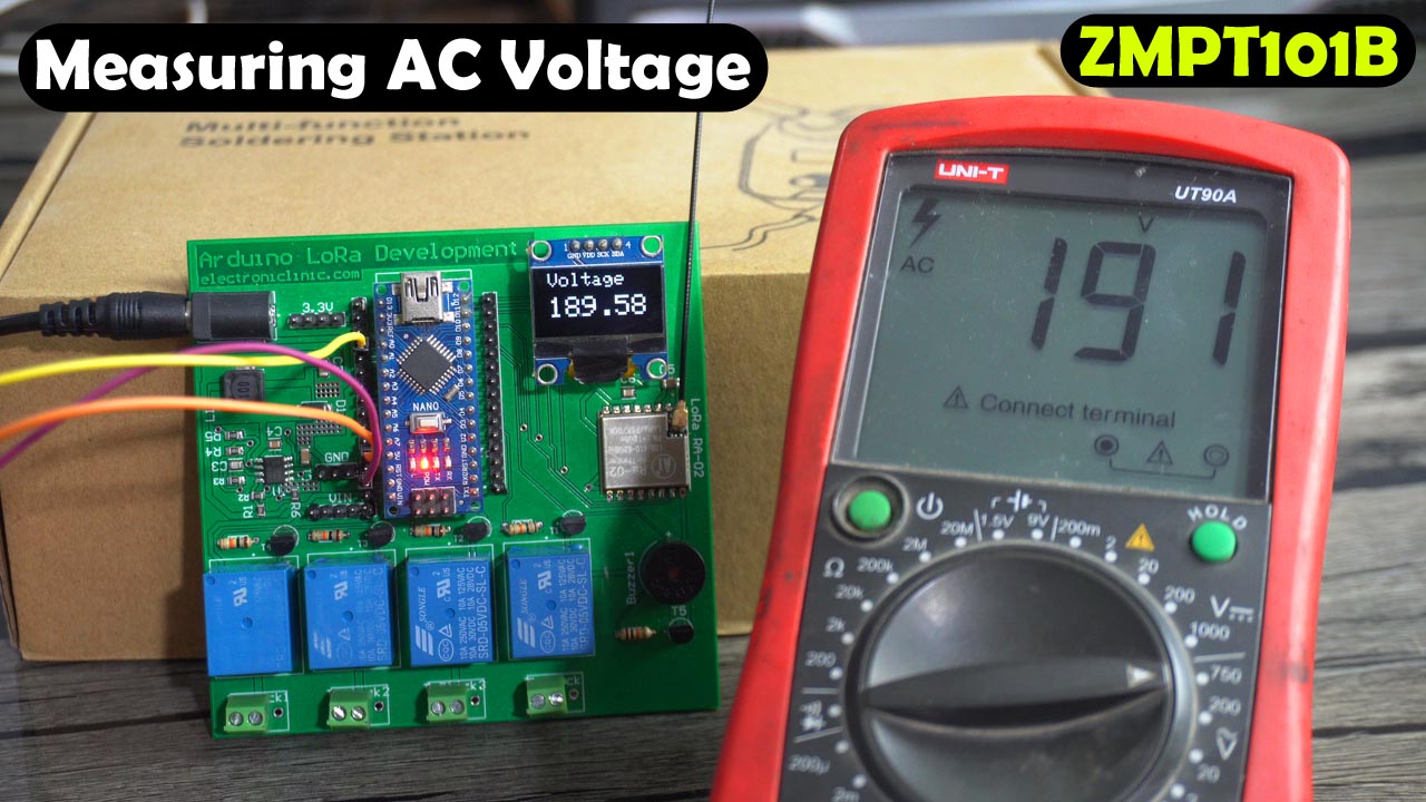 An image depicting the setup of a ZMPT101B AC voltage sensor connected to an Arduino for measuring mains AC voltage.