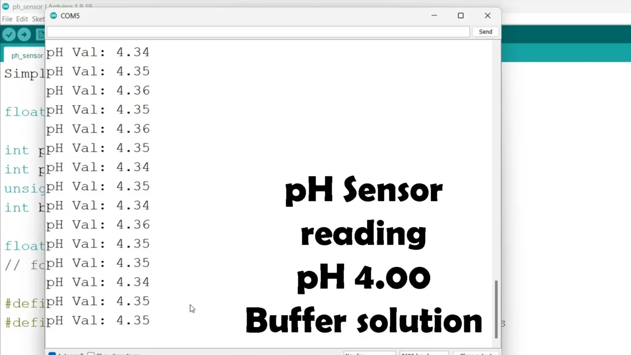 pH Sensor displaying buffer solution on Arduino serial monitor