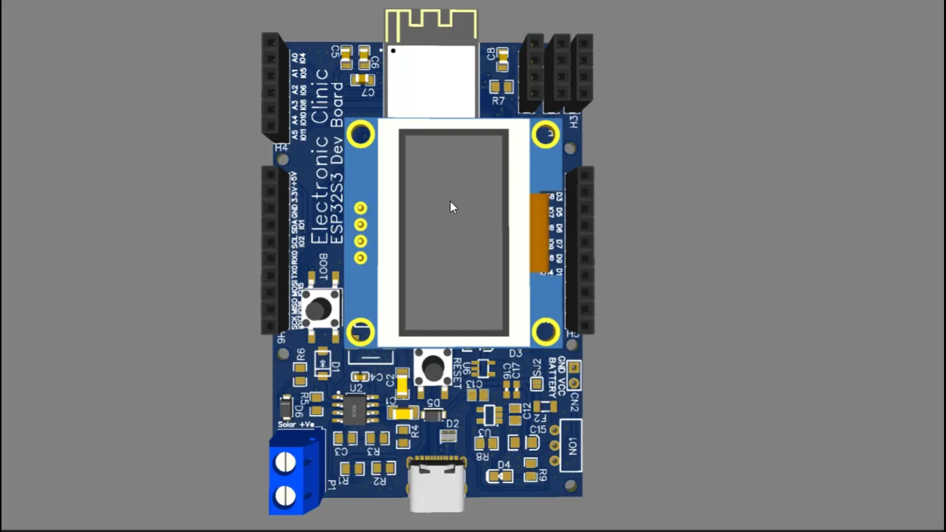 This 3D visualization shows the final assembly of our ESP32S3 custom board.