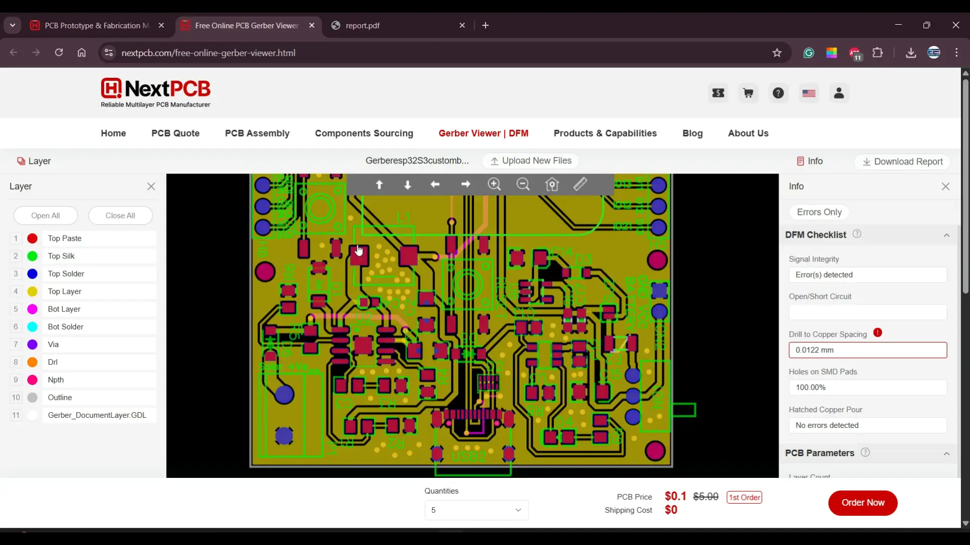 Using the HQDFM tool to check the PCB design of the ESP32S3 custom board for errors.