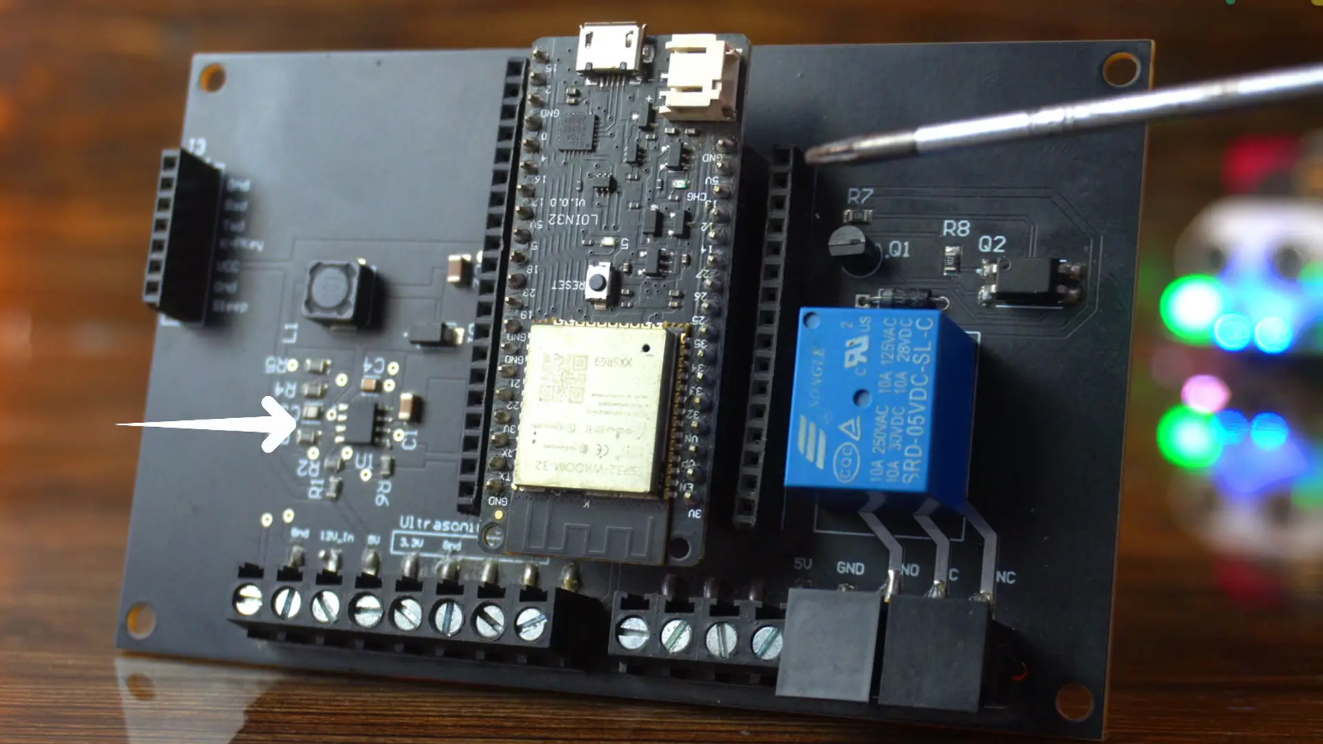 Connecting a 5-volt, 3-amp power supply to run the fully-featured ESP32S3 custom board.