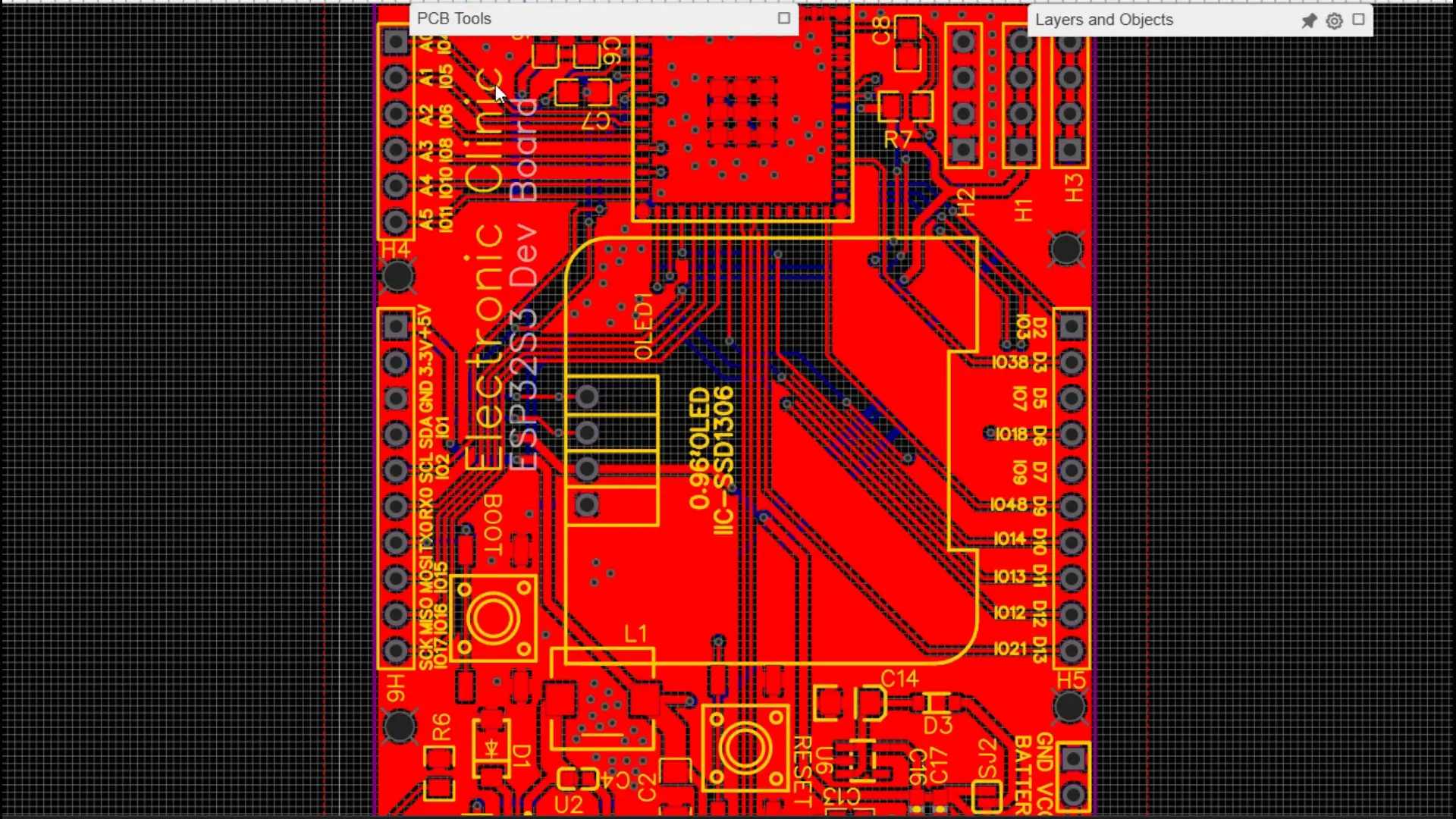 The final PCB layout design for the ESP32S3 custom board in a CAD program.