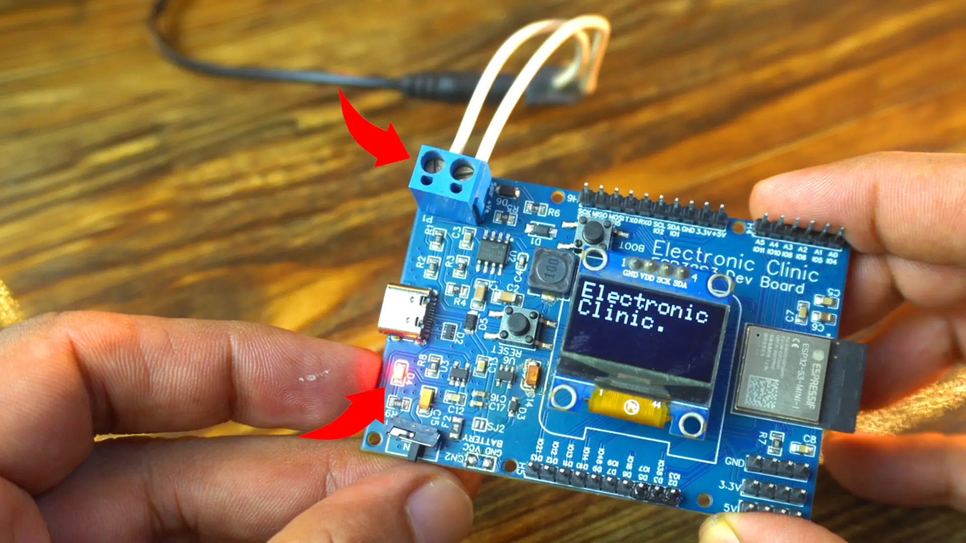 A demonstration of the ESP32S3 custom board being powered by a 12V adapter or solar panel.