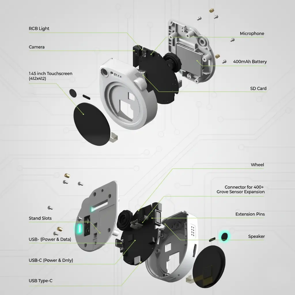 A graphic detailing the technical specifications of the SenseCAP Watcher.