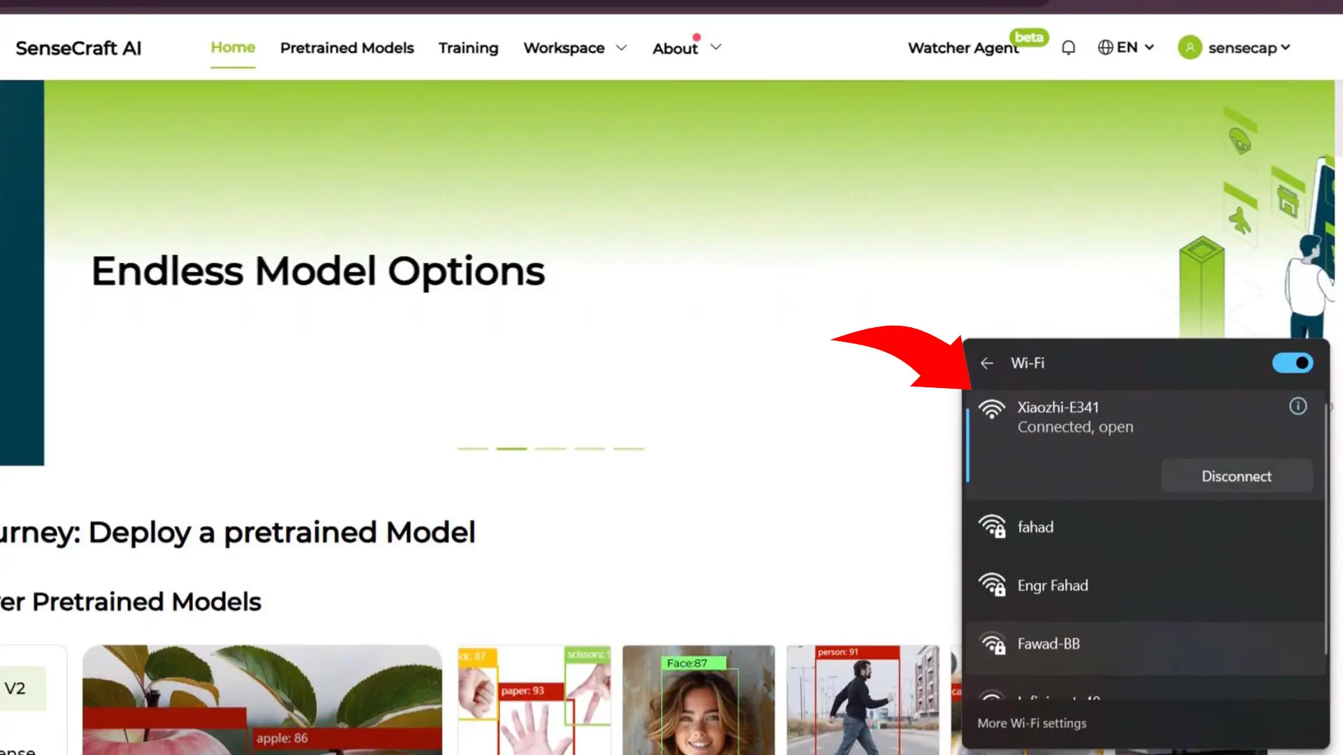 The SenseCAP Watcher broadcasting its own Wi-Fi hotspot for initial connection.