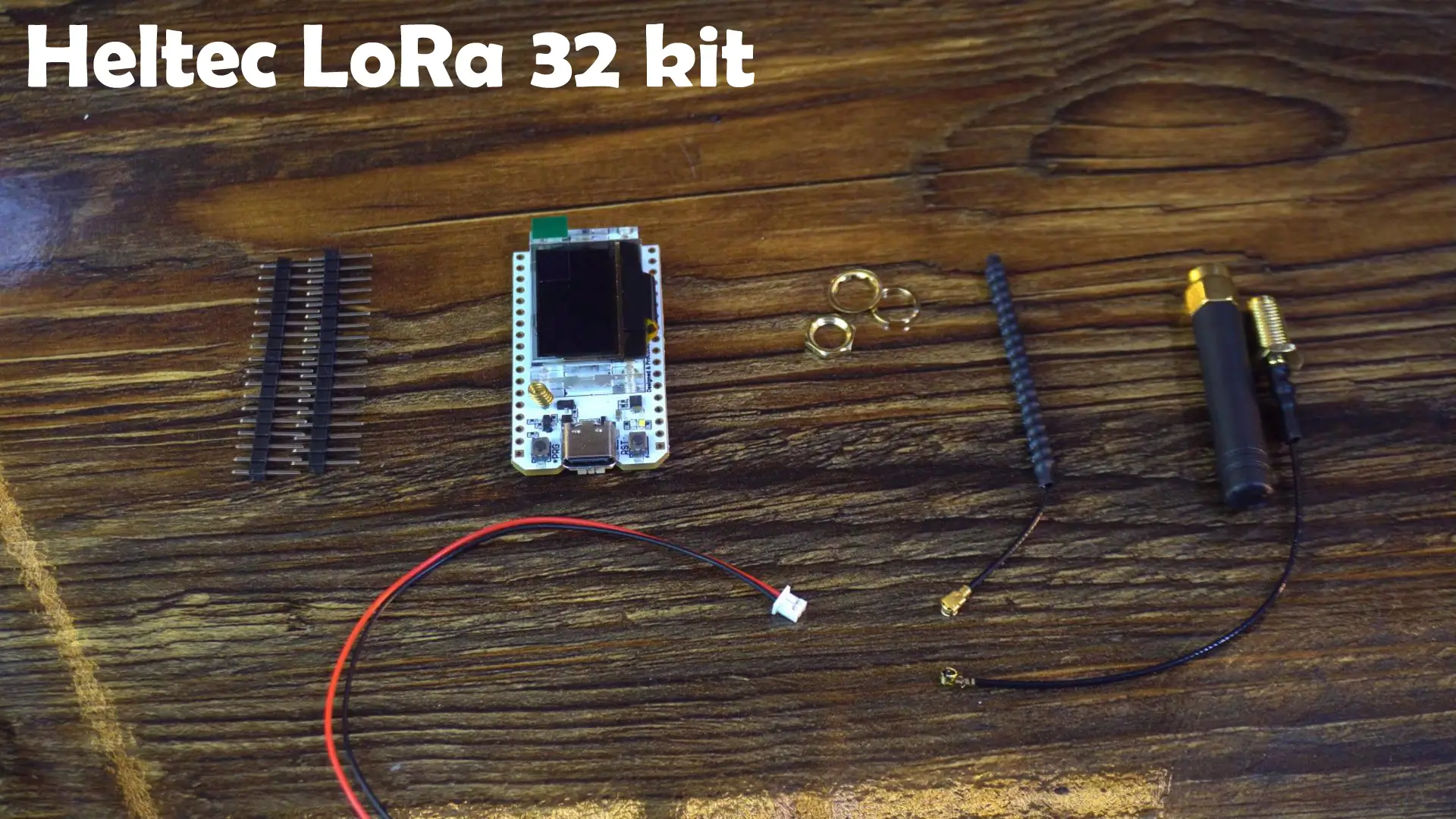 Full kit contents for ESP32 LoRa 32 distance communication setup.