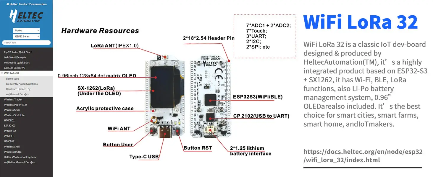 Detailed interface view of the ESP32 LoRa 32 IoT board.