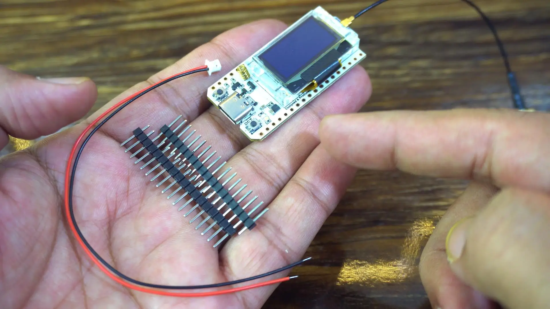 Compact ESP32 LoRa 32 board used for wireless IoT control.