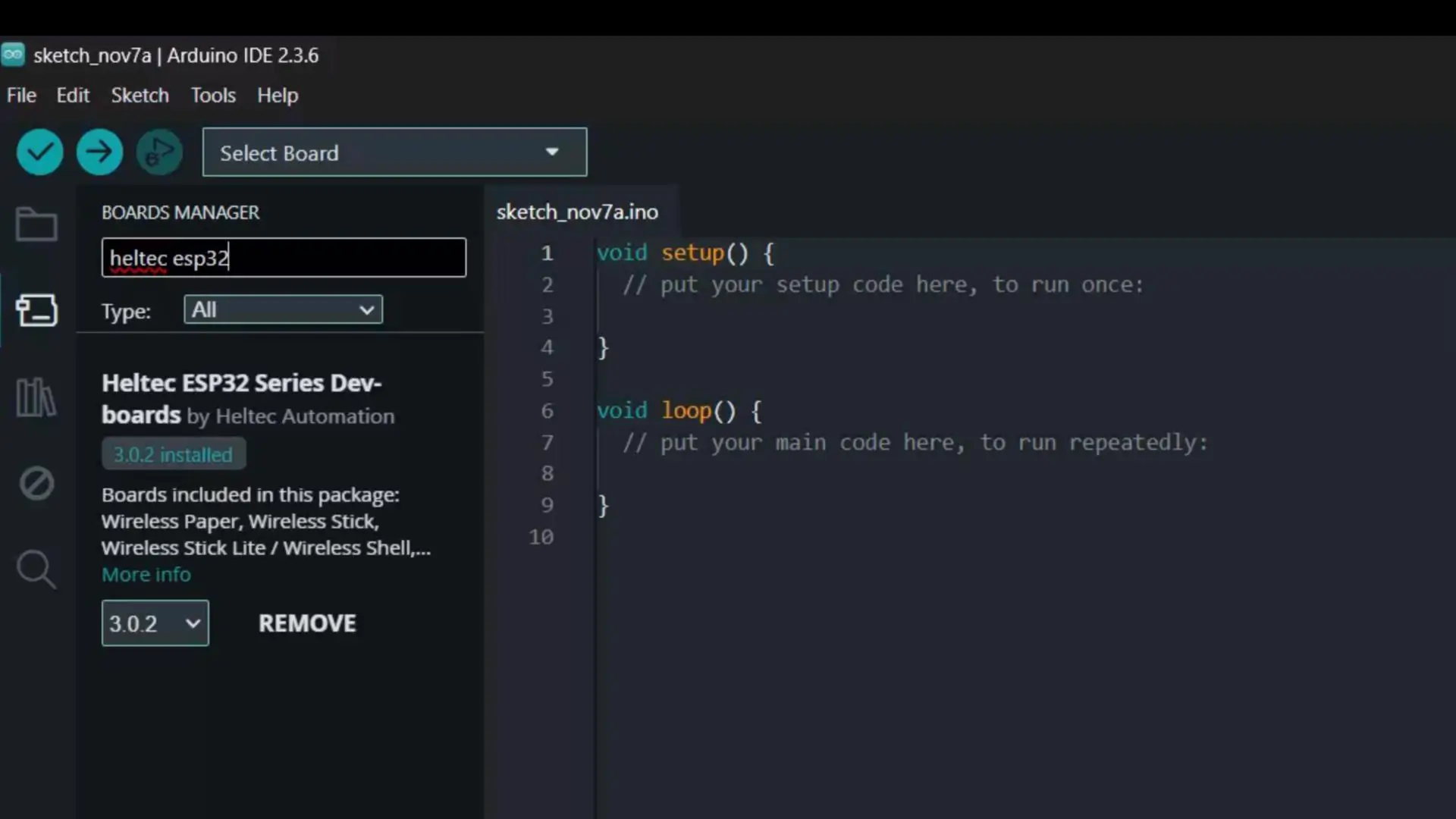 Installing ESP32 LoRa 32 board package in Arduino IDE.
