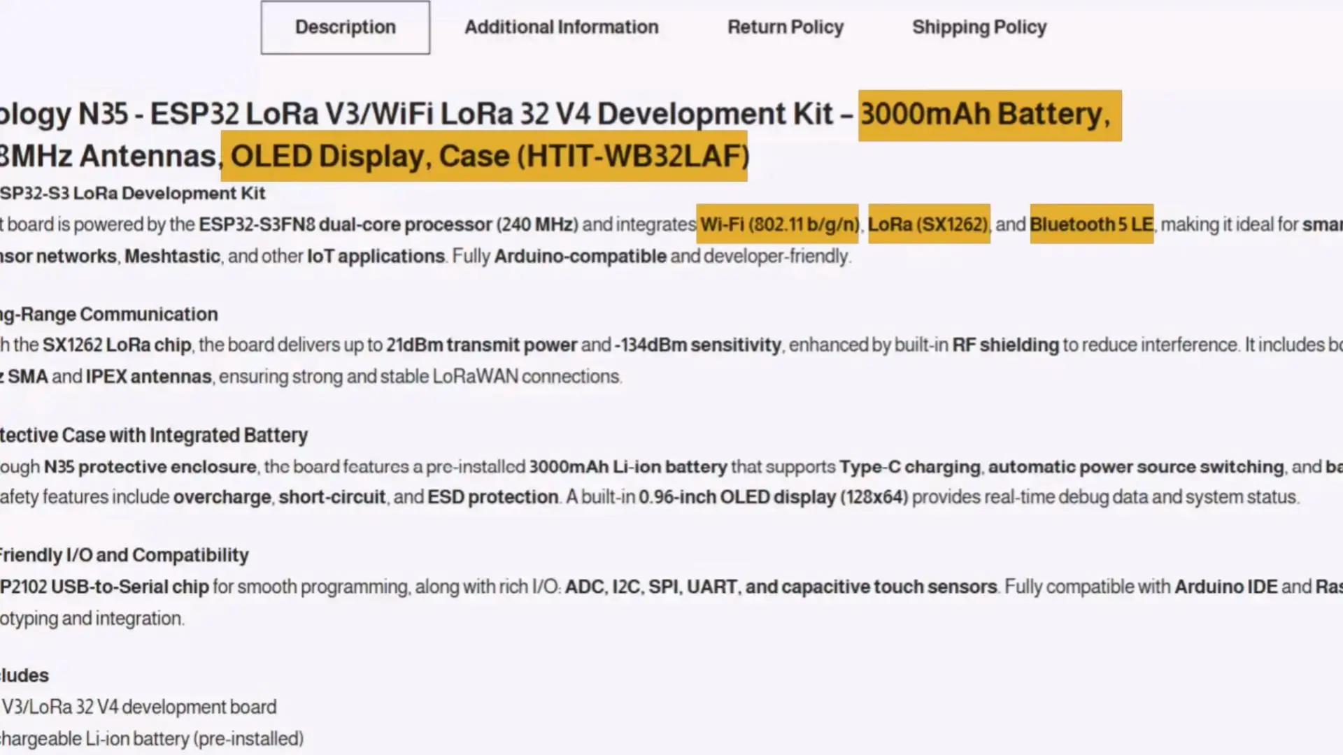 ESP32 LoRa 32 module with OLED and battery holder case.