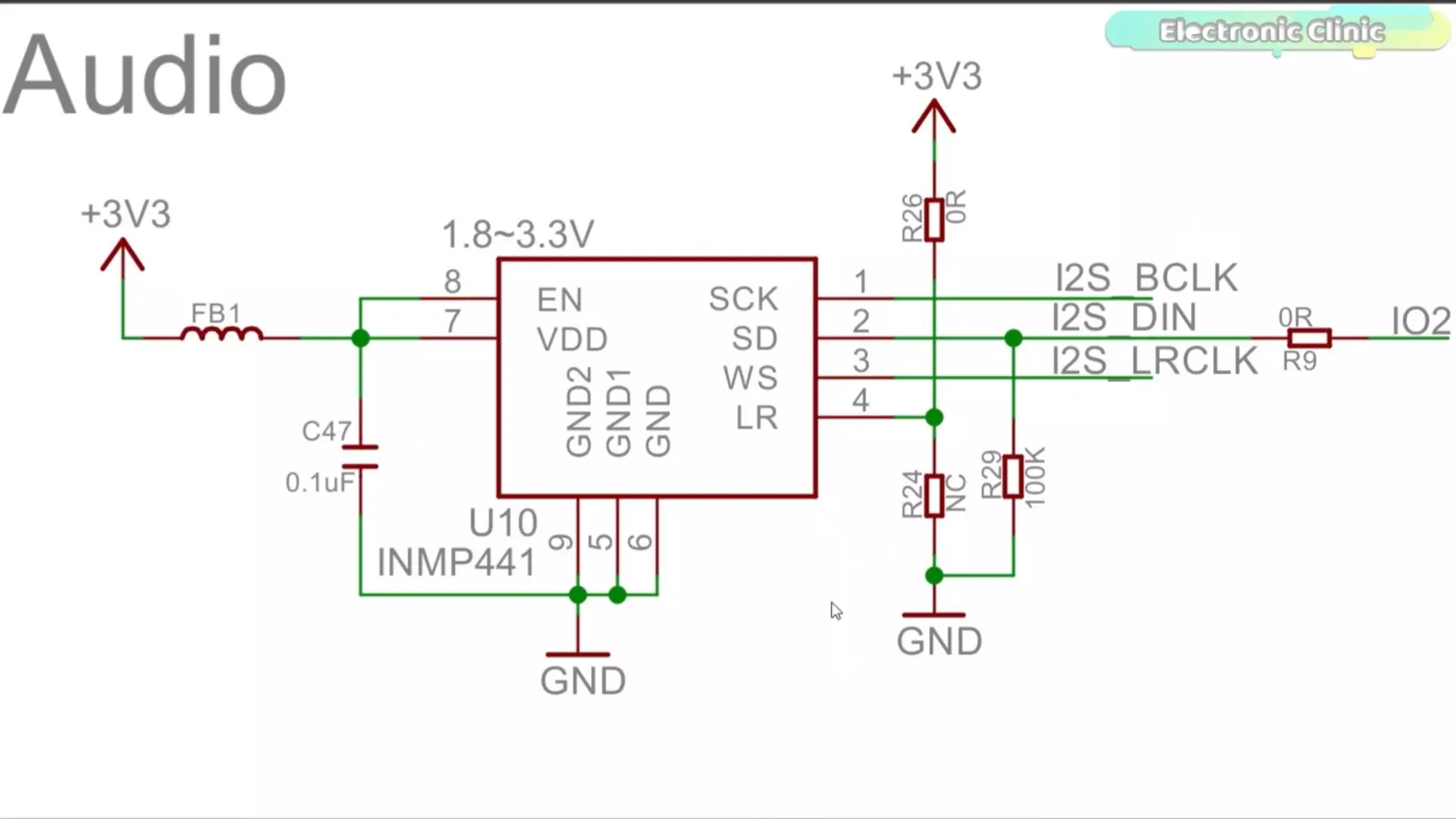 Close-up of INMP441 I2S MEMS microphone connected to ESP32 voice recorder circuit