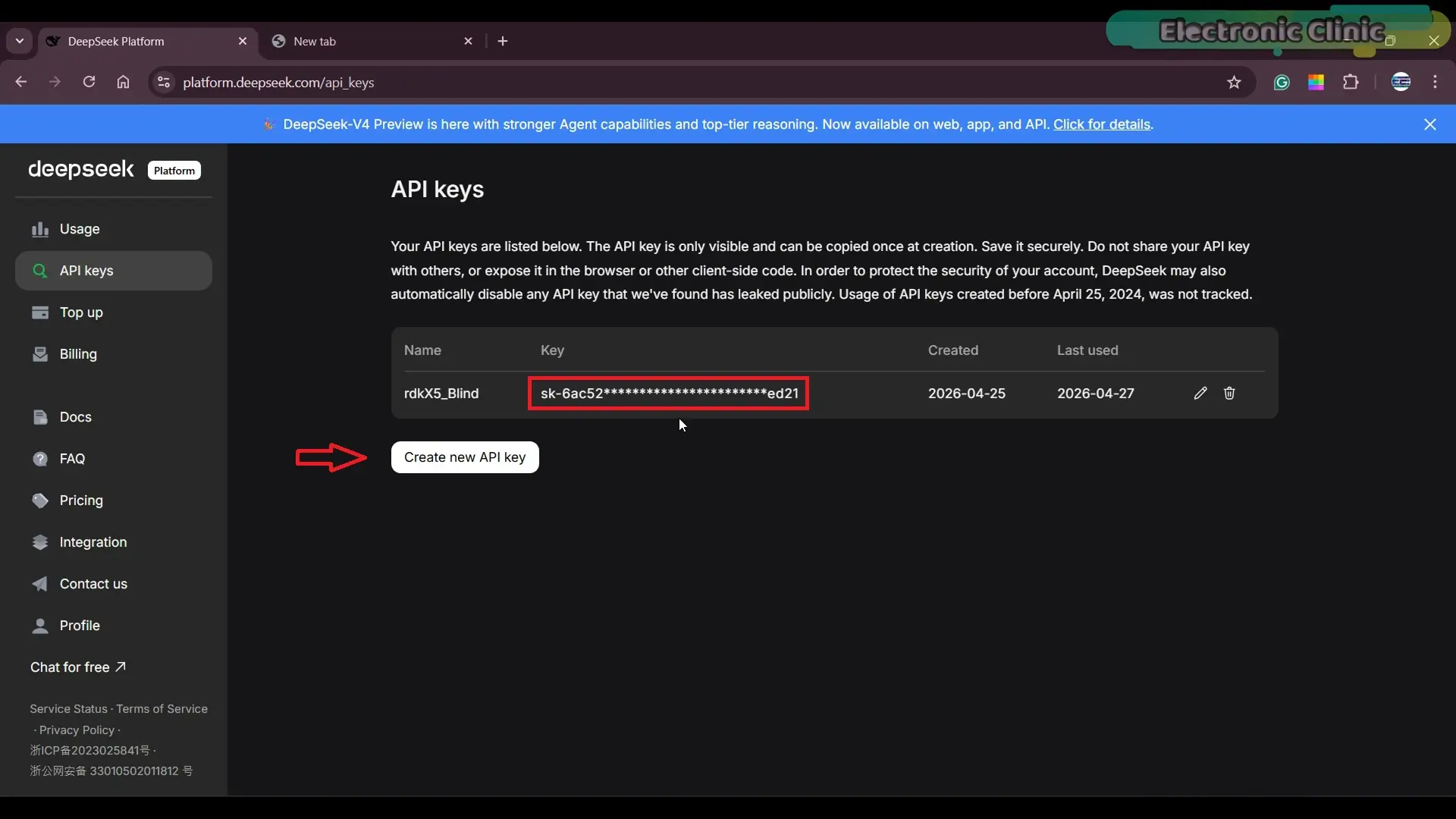 DeepSeek API key generation and management dashboard for AI projects