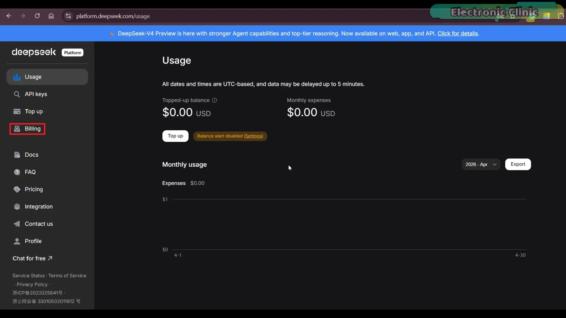 DeepSeek API platform usage and billing section showing account balance and API costs