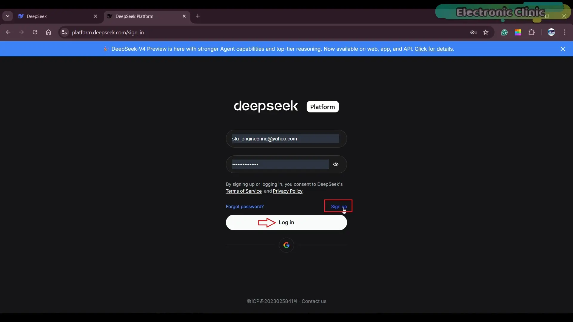 DeepSeek platform API login and sign-up page for AI API access
