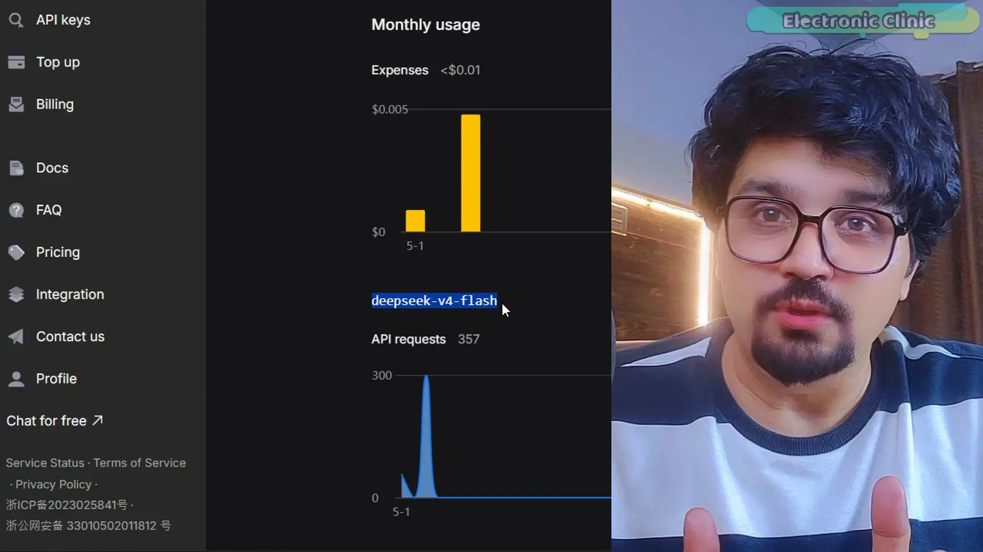 DeepSeek V4 API cost and usage dashboard showing AI API usage details