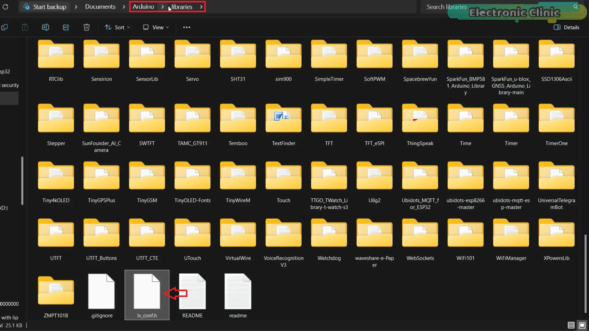 Placing the lv_conf.h file in the Arduino libraries folder for LVGL