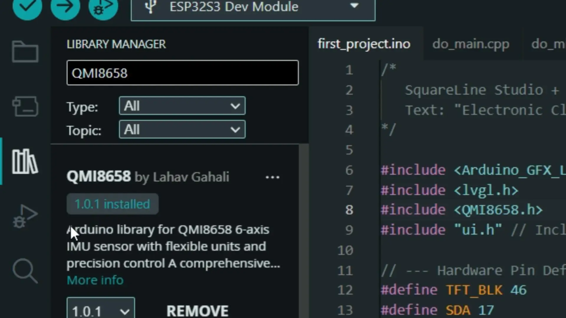 QMI8658 Arduino library for ESP32-S3 IMU and gyroscope projects