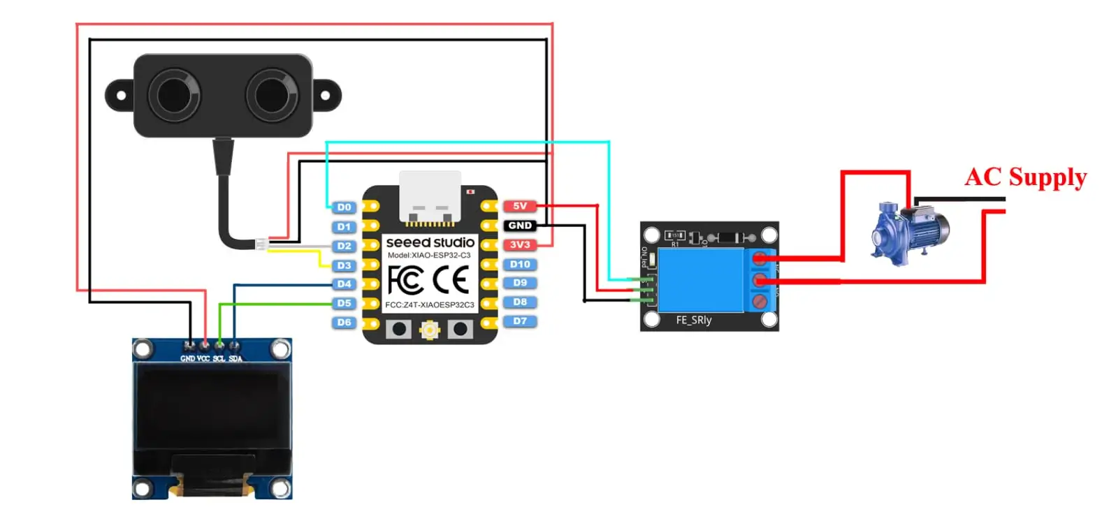 Solar-powered water tank level sensor circuit diagram with ESP32 and ultrasonic sensor