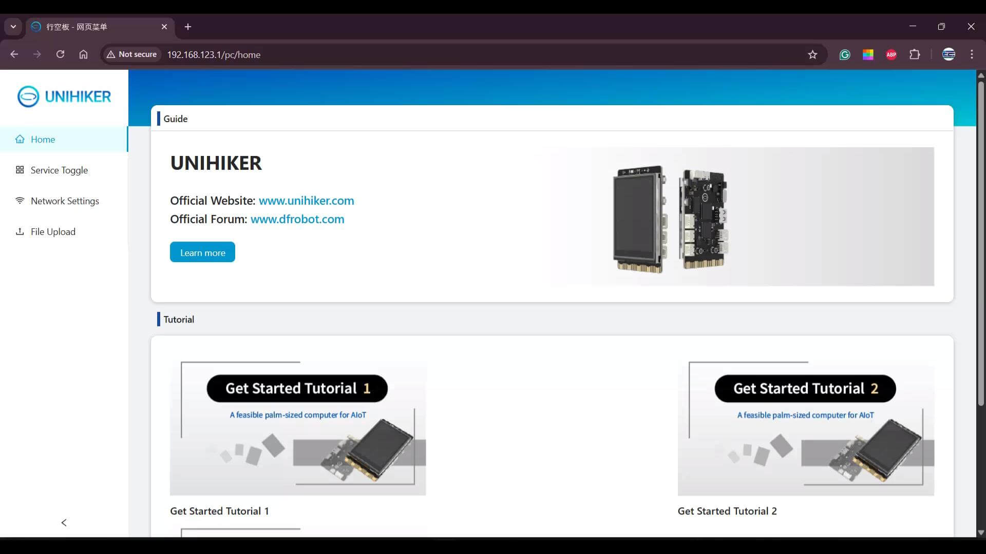 UNIHIKER M10 home page displaying the board controls, network information, and service settings
