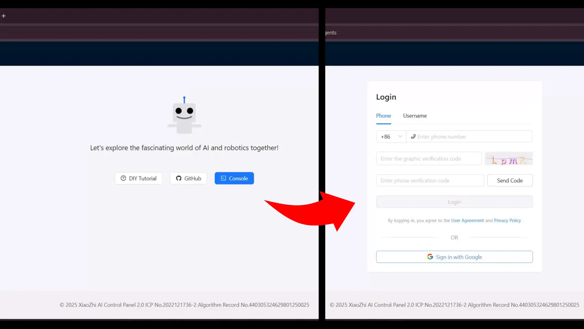 Xiaozhi AI login page for accessing the AI voice assistant platform