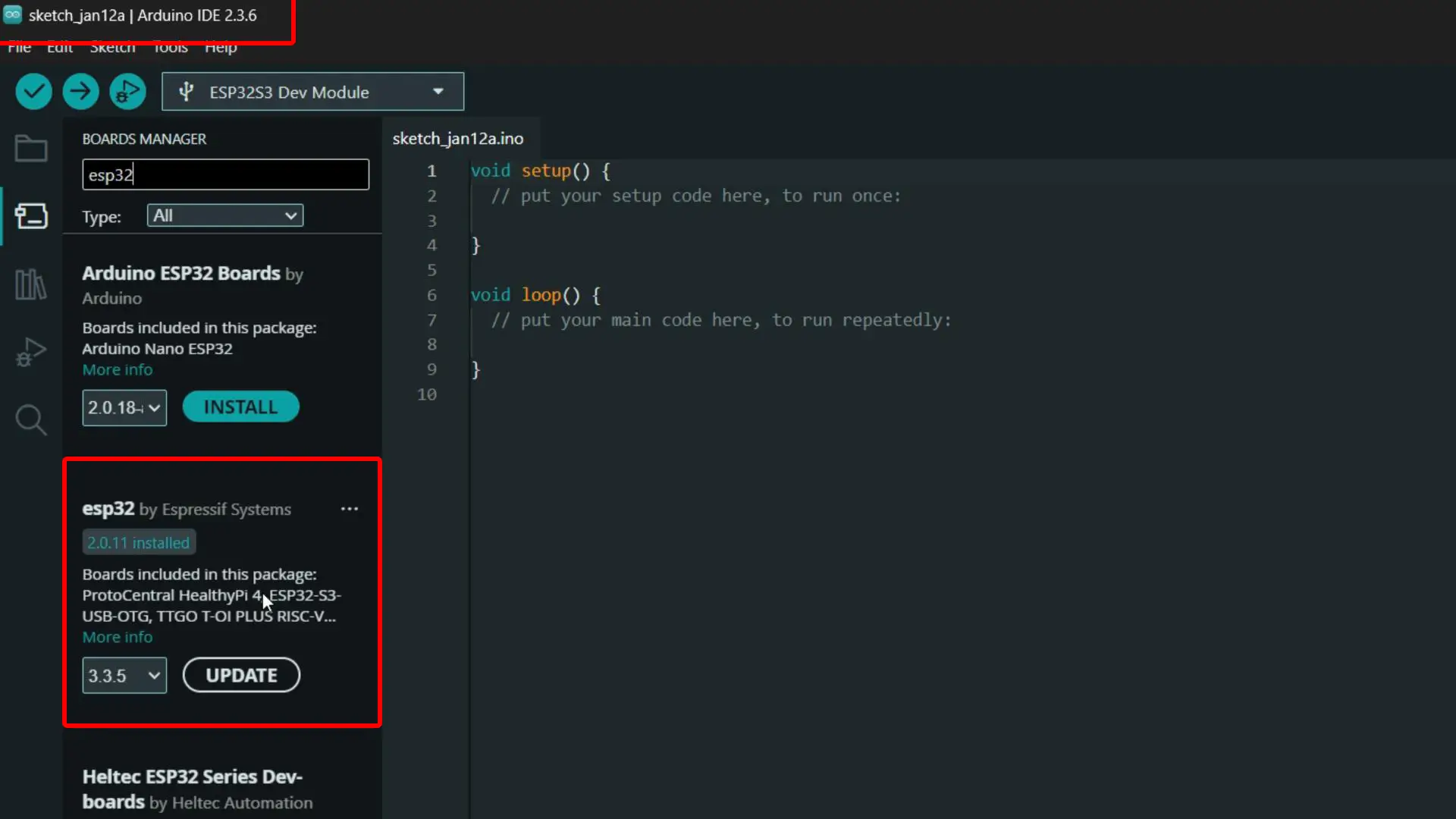 Arduino IDE with ESP32 board package installed for ESP32-S3 development