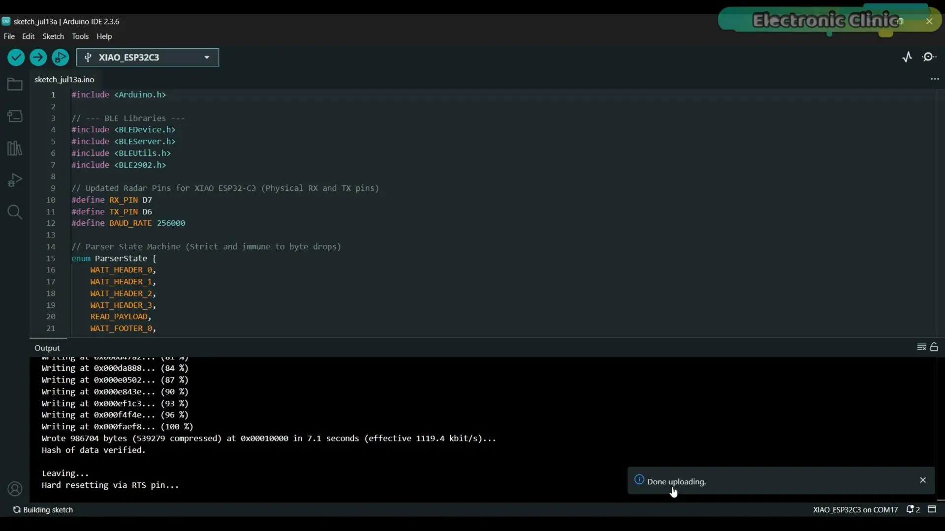 Code successfully uploaded to the Xiao ESP32-C3 for the RD-03D radar project