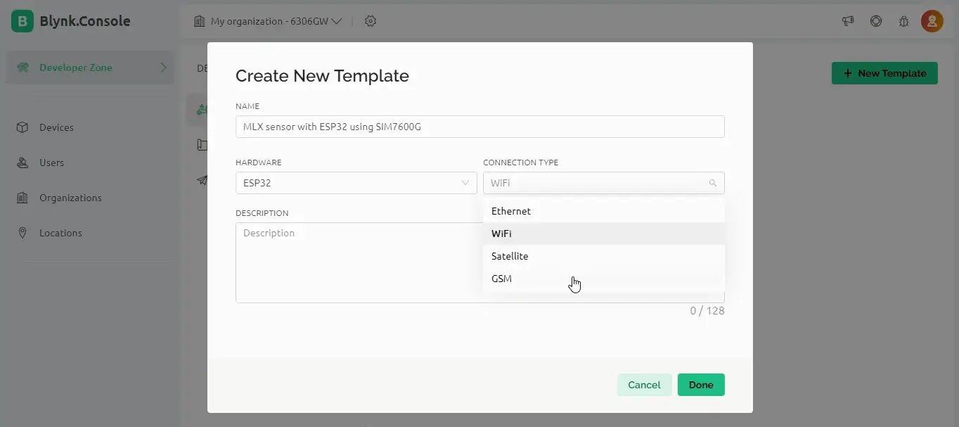 Create a new Blynk template for ESP32 IoT project