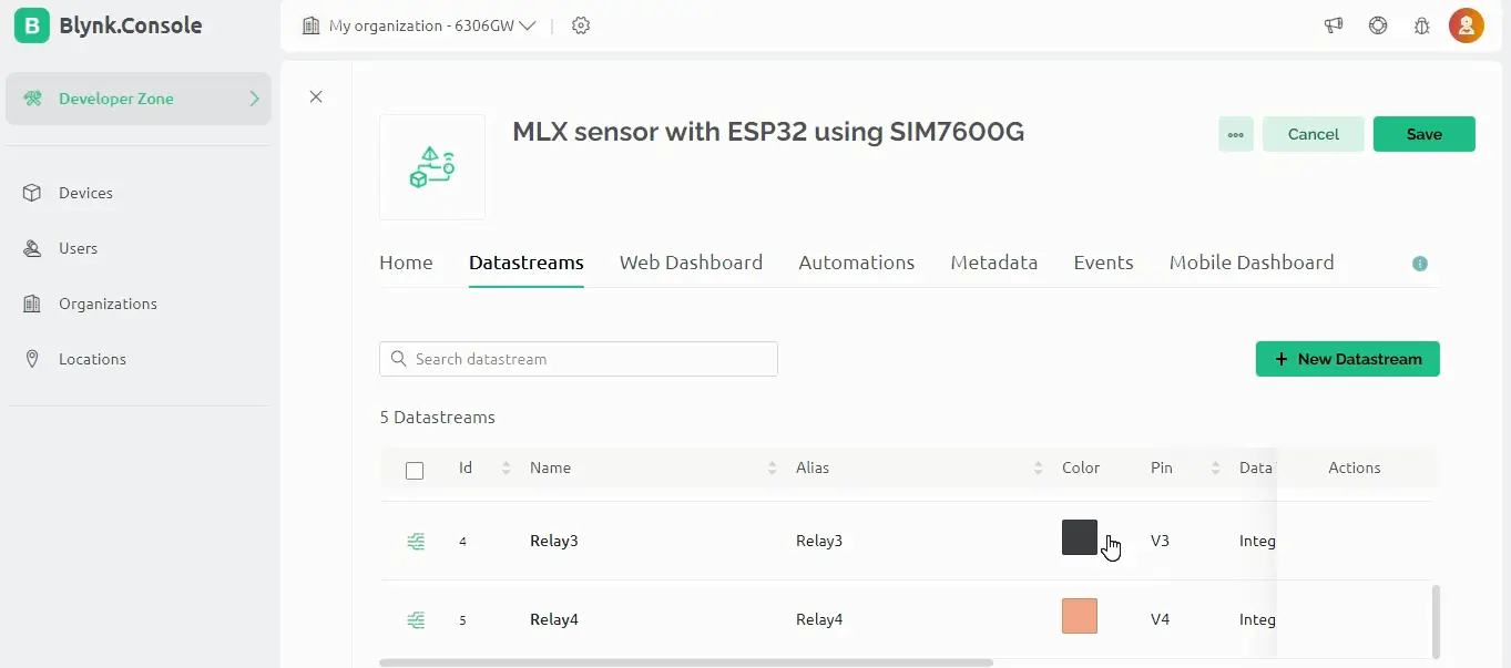 Blynk datastreams setup for ESP32 IoT project