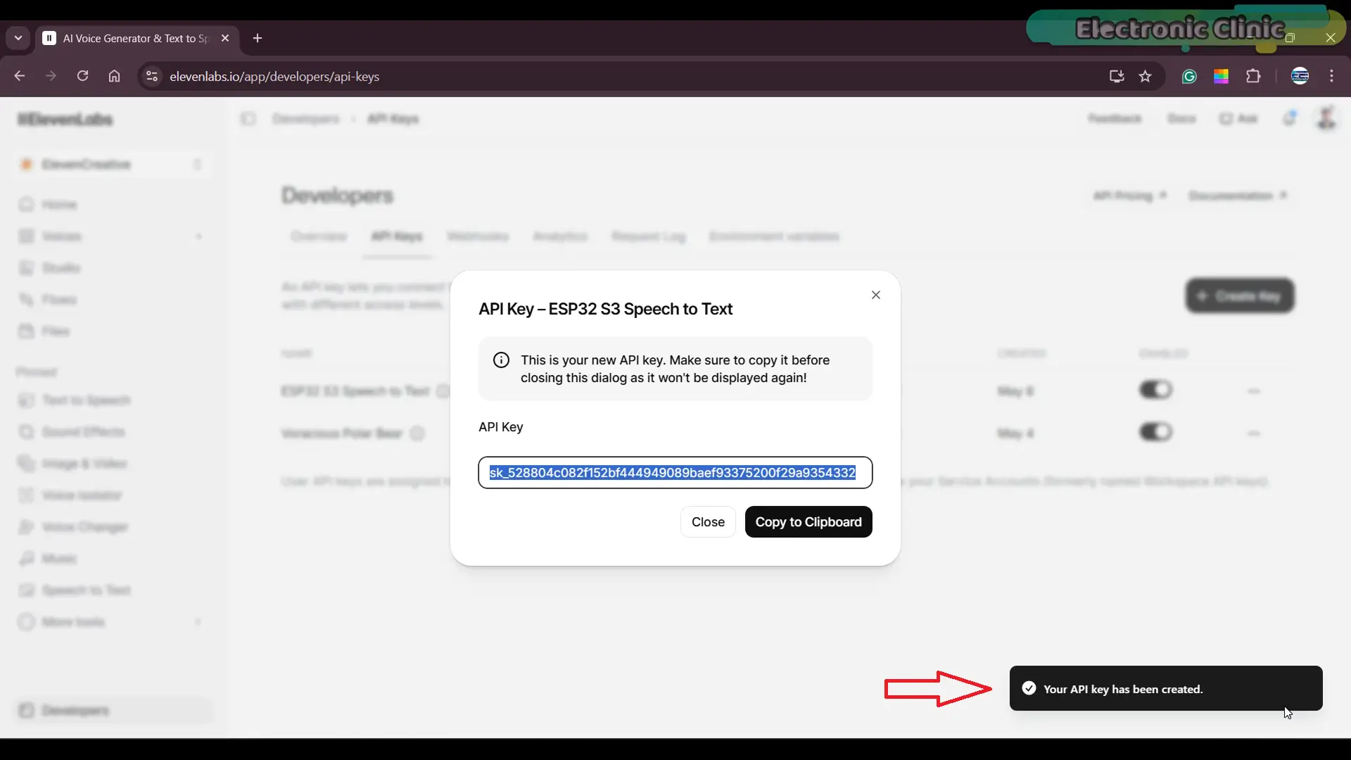 ElevenLabs API key generated for Speech to Text using ESP32-S3