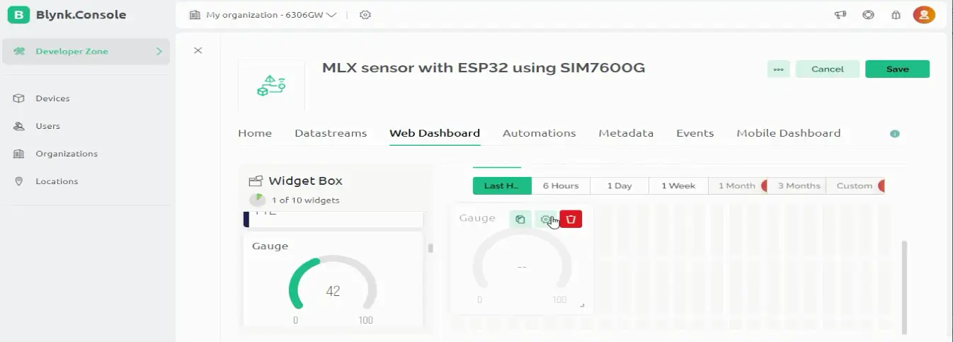 Blynk gauge settings for ESP32 temperature monitoring project