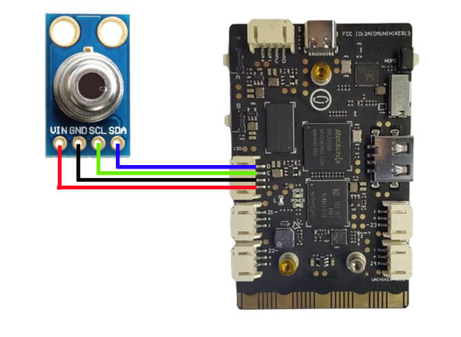 MLX90614 non-contact infrared temperature sensor connected to the UNIHIKER M10