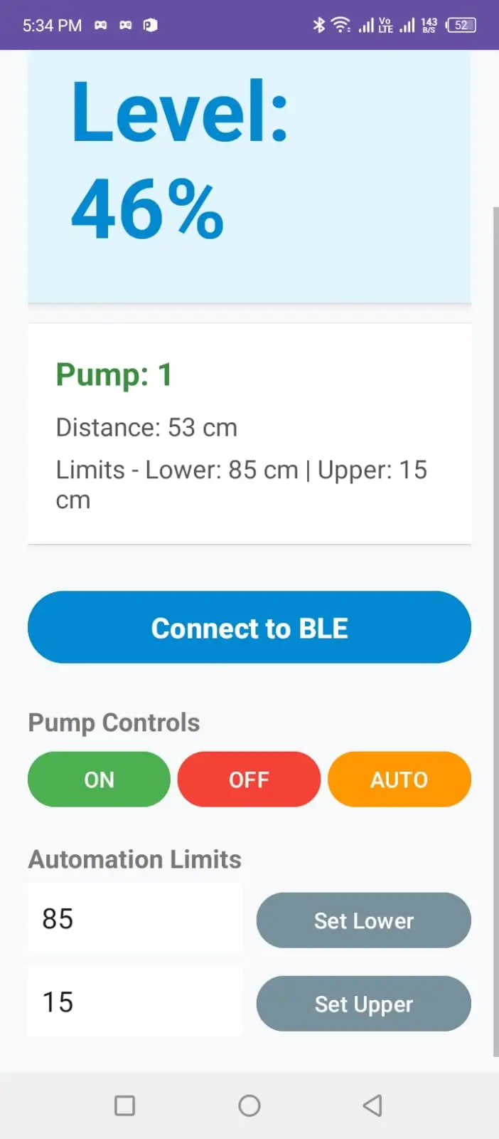 Bluetooth app for real-time Water Tank Level Sensor monitoring