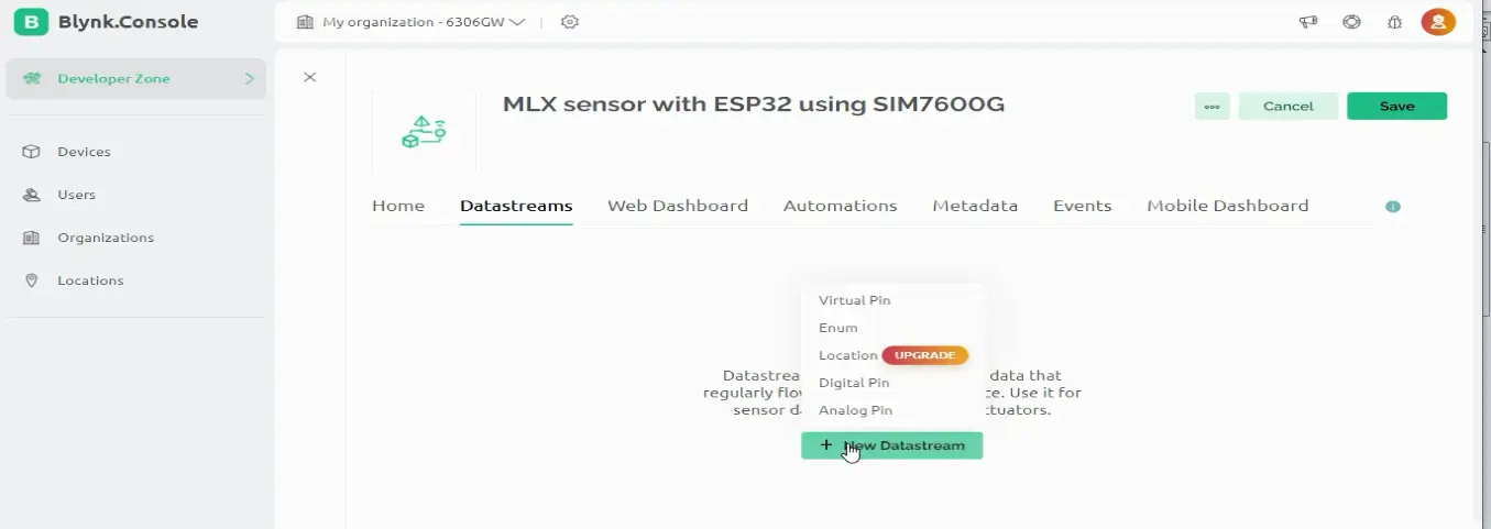 New Blynk datastream setup for ESP32 IoT project