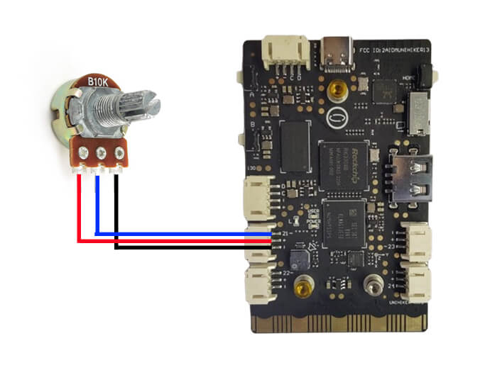 Potentiometer connected to the UNIHIKER M10 for analog value monitoring