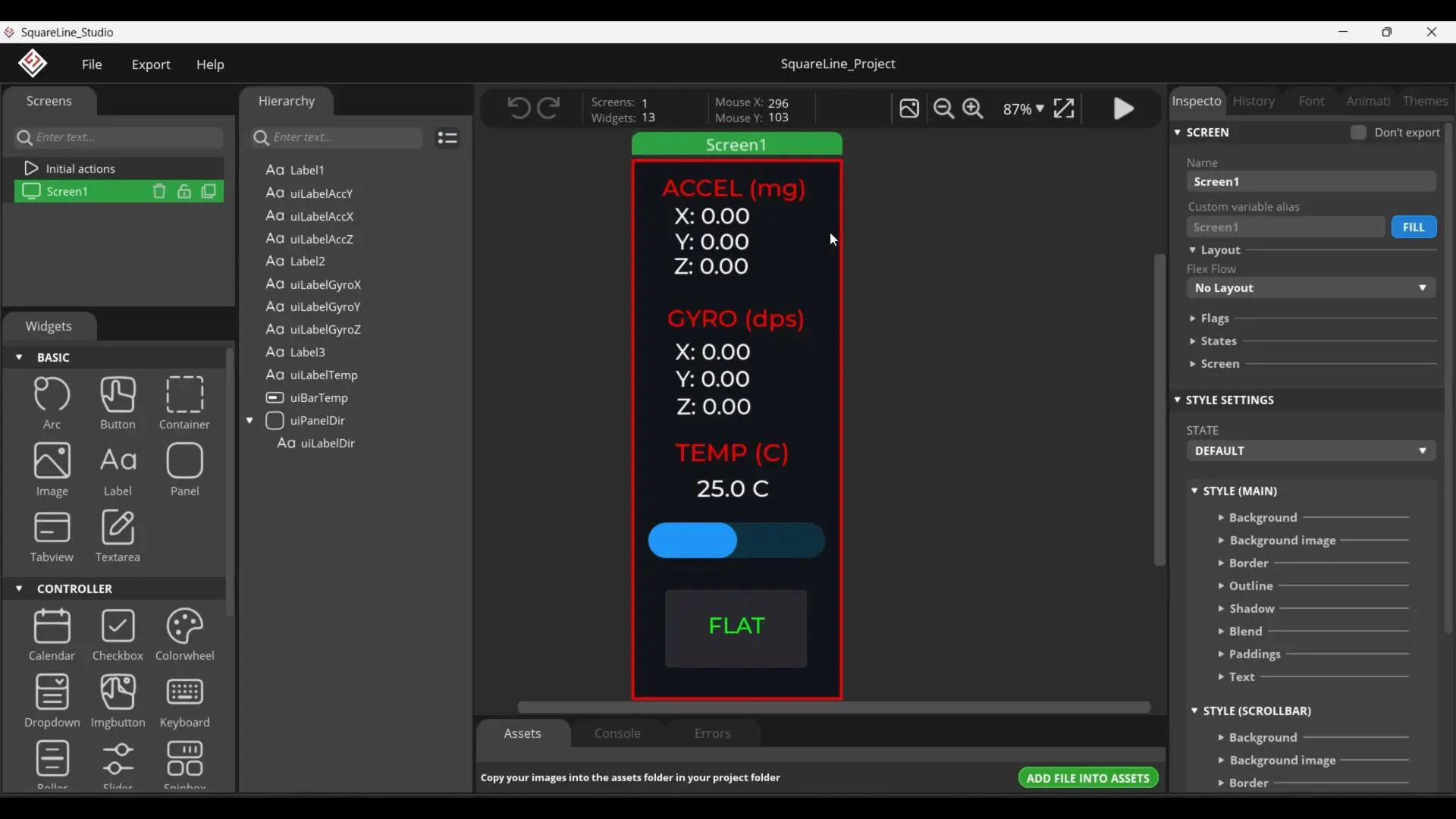Real-time IMU dashboard designed in SquareLine Studio for ESP32-S3