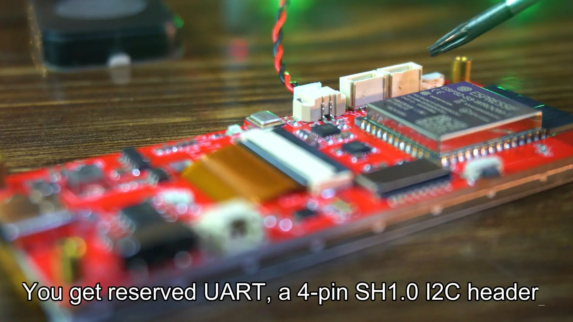 Reserved UART, 4-pin SH1.0 I2C header, and 4-pin MX1.25 USB header on ESP32-S3 board