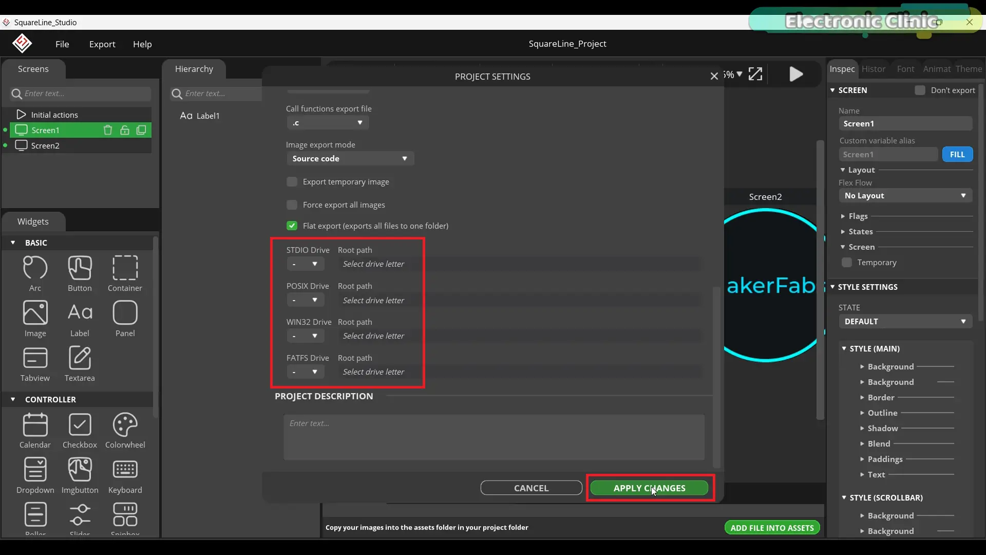 SquareLine Studio Apply Changes button in project settings